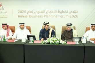 Minister of Environment and Climate Change and Managing Director and CEO of Qatar Rail H E Dr. Abdulla bin Abdulaziz Al Subaie and Minister of Transport H E Sheikh Mohammed bin Abdulla bin Mohammed Al Thani with other officials during the event.