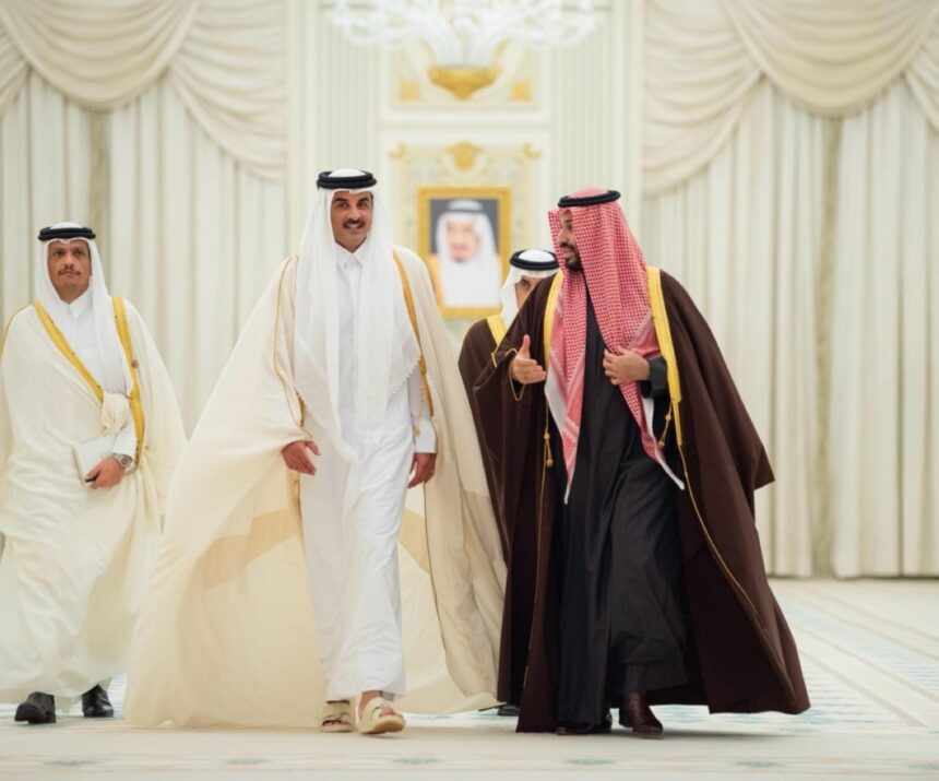 RIYADH: Saudi Crown Prince Mohammed bin Salman receives Qatari Amir Sheikh Tamim bin Hamad Al-Thani  on Dec 8, 2025. - SPA