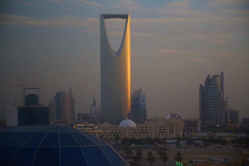The Kingdom Tower is seen at sunset in Riyadh, Saudi Arabia on 02 March, 2024. [Jaap Arriens/NurPhoto/Getty Images]